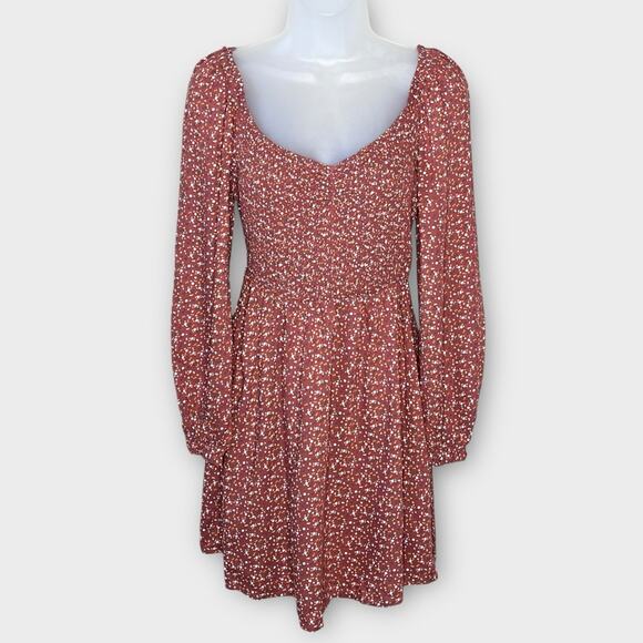 HOLLISTER rust ditsy floral smocked bodice puff sleeve boho dress size medium - Picture 2 of 8